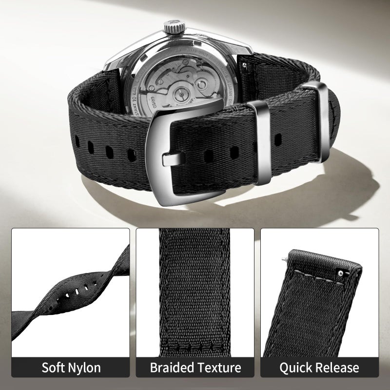 ULLCHRO Nylon Watch Strap Replacement Canvas Watch Band Military Army Men Women - 18mm, 20mm, 22mm, 24mm Watch Bracelet with Stainless Steel Silver Buckle (20mm, Black) - Image 5